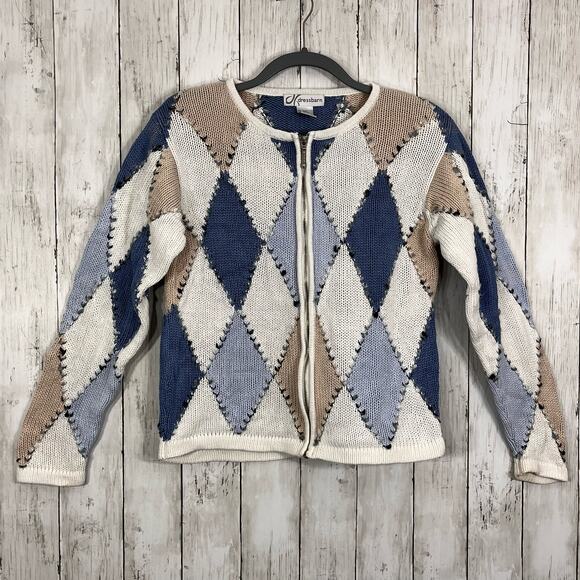 Vintage Dressbarn 90s Zip Up Long Sleeve Argyle Preppy Nerd Knit Sweater Small - Picture 1 of 15